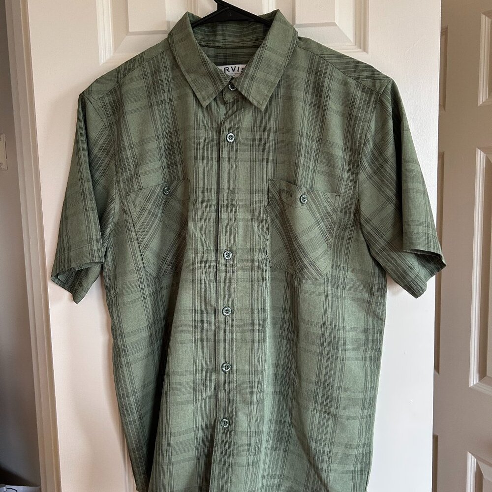 Orvis Green Plaid Short Sleeve Button Down Shirt, Size M 100% Polyester Outdoor
